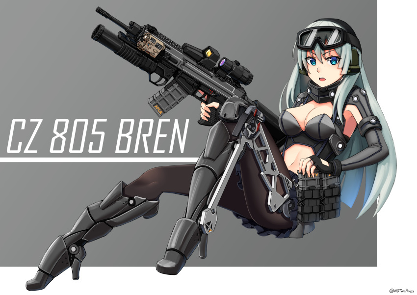 1girl absurdres ammunition_pouch aqua_hair armored_boots blue_eyes boots breasts character_name cleavage cleavage_cutout cz-805 cz-805_(girls_frontline) exoskeleton eyebrows_visible_through_hair girls_frontline goggles goggles_on_head grenade_launcher gun hair_between_eyes headset high_heels highres holding holding_gun holding_weapon knee_up long_hair magazine_(weapon) medium_breasts navel ndtwofives night_vision_device open_mouth pantyhose pleated_skirt pouch rifle scope sidelocks skirt solo trigger trigger_discipline twitter_username two-tone_background underbarrel_grenade_launcher weapon