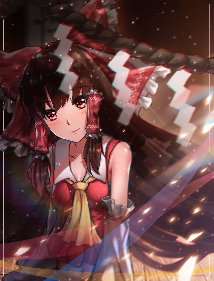 1girl absurdres bangs bow breasts brown_hair chromatic_aberration cleavage collarbone detached_sleeves eyebrows_visible_through_hair floating_hair hair_between_eyes hair_bow hair_tubes hakurei_reimu highres long_hair looking_at_viewer neckerchief red_eyes red_shirt shirt sleeveless sleeveless_shirt small_breasts smile solo swept_bangs ten_no_hoshi touhou upper_body very_long_hair yellow_neckwear