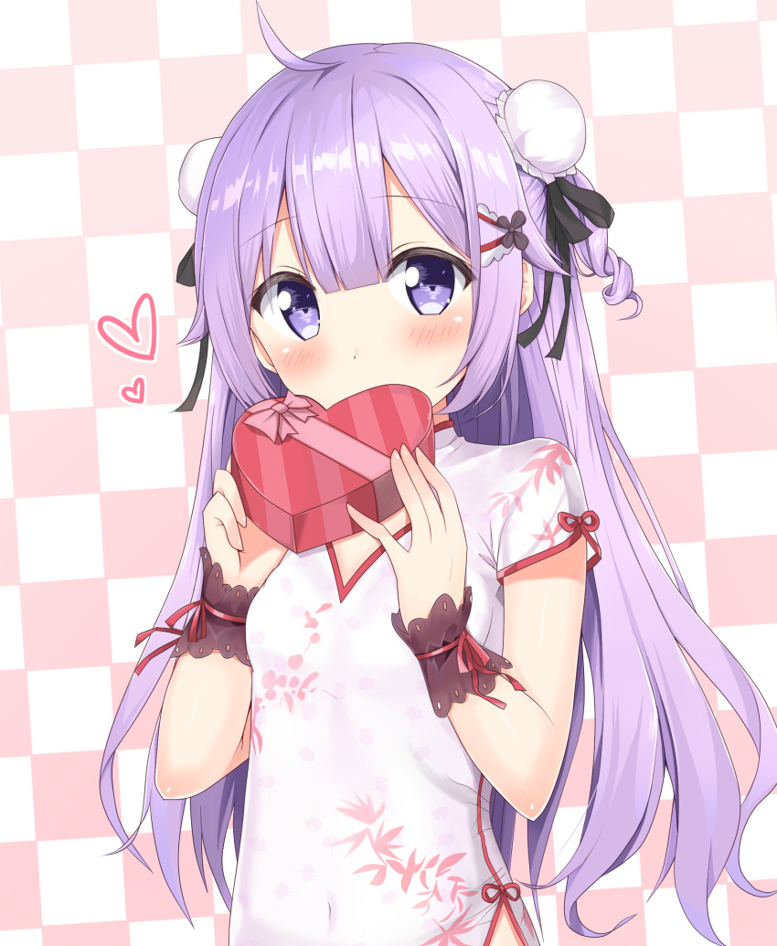 1girl ahoge azur_lane bangs black_ribbon blush box breasts bun_cover checkered checkered_background china_dress chinese_clothes closed_eyes commentary_request covered_mouth covered_navel double_bun dress gift gift_box hair_between_eyes hands_up head_tilt heart heart-shaped_box highres holding holding_gift kyuujou_komachi long_hair looking_at_viewer purple_hair ribbon short_sleeves side_bun sidelocks small_breasts solo unicorn_(azur_lane) upper_body very_long_hair white_dress wrist_cuffs