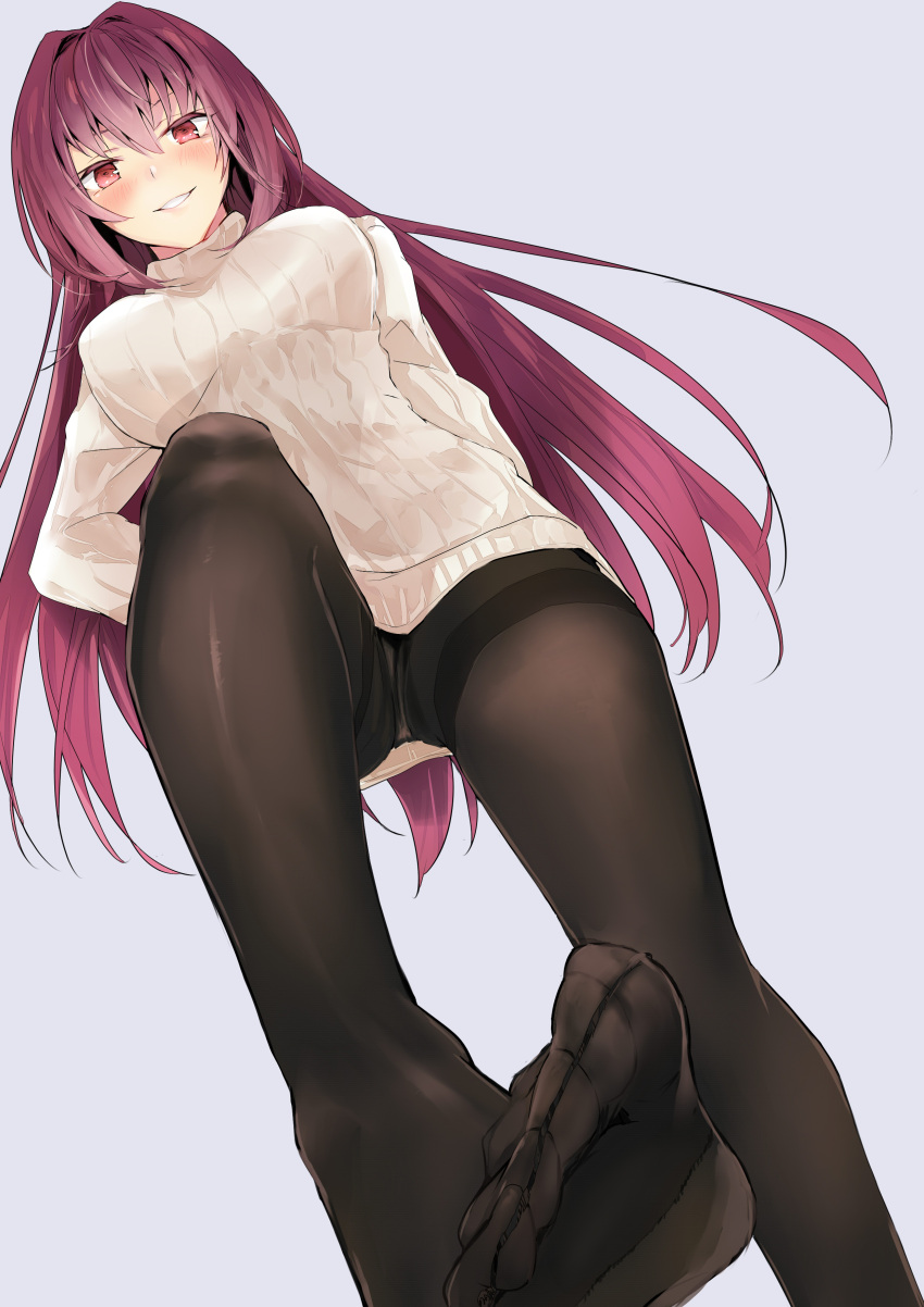 1girl absurdres bangs black_legwear blush breasts brown_background commentary_request dutch_angle eyebrows_visible_through_hair fate/grand_order fate_(series) feet hair_between_eyes highres large_breasts long_hair looking_at_viewer no_pants no_shoes panties panties_under_pantyhose pantyhose parted_lips purple_hair red_eyes ribbed_sweater scathach_(fate/grand_order) simple_background smile soles solo standing standing_on_one_leg sweater thighband_pantyhose toes tomozero turtleneck turtleneck_sweater underwear very_long_hair white_sweater