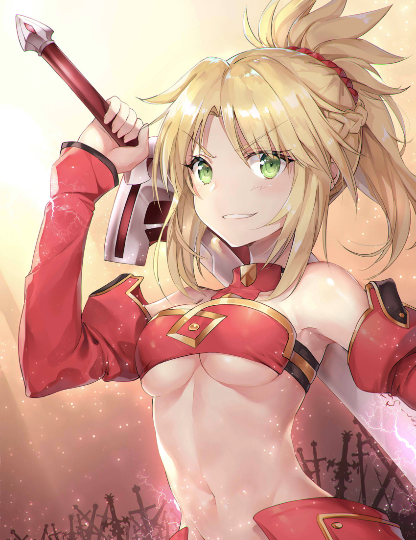 1girl arm_up armpit_peek bandeau bangs bare_shoulders blonde_hair braid breasts clarent commentary_request detached_collar detached_sleeves electricity eyebrows_visible_through_hair fate/apocrypha fate_(series) faulds french_braid green_eyes grin groin hair_ornament hair_scrunchie highres holding holding_sword holding_weapon light_particles light_rays long_sleeves looking_at_viewer medium_breasts medium_hair midriff mordred_(fate) mordred_(fate)_(all) navel outdoors over_shoulder parted_bangs planted_sword planted_weapon ponytail red_bandeau red_scrunchie scrunchie shiny shiny_hair sidelocks smile smirk solo stomach sunlight sword taro_(ultrataro) under_boob upper_body v-shaped_eyebrows weapon weapon_over_shoulder