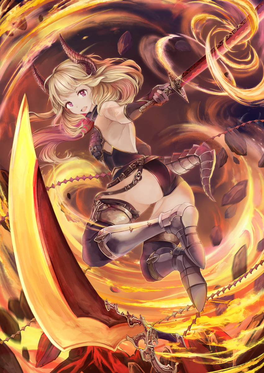 1girl :o absurdres ass bare_shoulders blonde_hair boots dragon_girl dual_wielding fantasy flaming_sword flat_chest full_body highres horns looking_at_viewer original slashing steel-toe_boots stone sword violet_eyes weapon yashiron2011