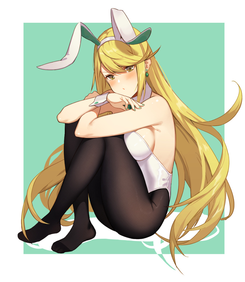 1girl animal_ears bangs black_legwear blonde_hair blush breasts brown_eyes detached_collar earrings fake_animal_ears full_body hairband highres mythra_(xenoblade) icarus_(632247131) jewelry knees_on_chest large_breasts leotard long_hair looking_at_viewer nail_polish pantyhose rabbit_ears sideboob sidelocks simple_background sitting solo swept_bangs very_long_hair wrist_cuffs xenoblade_(series) xenoblade_2