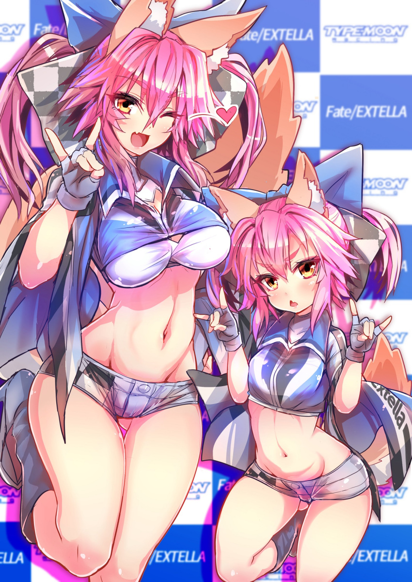 2girls adapted_costume animal_ears blue_ribbon boots breasts cleavage clothes_writing elbow_gloves fate/extella fate/extra fate/grand_order fate_(series) fox_ears fox_shadow_puppet fox_tail gloves groin hair_ribbon heart highleg highres large_breasts multiple_girls navel one_eye_closed open_mouth pink_hair racequeen ribbon small_breasts tail tamamo_(fate)_(all) tamamo_no_mae_(fate) thigh-highs thigh_boots wisespeak yellow_eyes younger