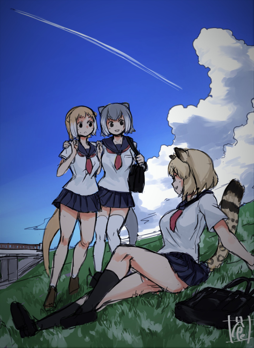 3girls :d absurdres alternate_costume animal_ears arm_around_shoulder bag bangs black-tailed_prairie_dog_(kemono_friends) black_legwear blonde_hair blue_sailor_collar blue_skirt blue_sky breasts clouds condensation_trail day gradient_hair grass grey_hair handbag highres jaguar_(kemono_friends) jaguar_ears jaguar_tail kemono_friends large_breasts legs_apart multicolored_hair multiple_girls necktie open_mouth otter_ears otter_tail outdoors pleated_skirt prairie_dog_ears prairie_dog_tail red_neckwear sailor_collar school_uniform serafuku shirt short_hair short_sleeves sitting sketch skirt sky small-clawed_otter_(kemono_friends) smile sou_(pale_1080) standing tail tail_raised thigh-highs two-tone_hair white_hair white_legwear white_shirt zettai_ryouiki