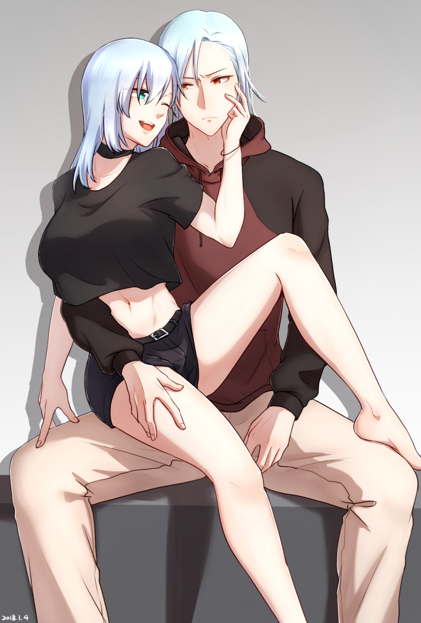 1boy 1girl ;d aqua_eyes barefoot belt black_choker black_shirt black_shorts breasts choker collarbone couple crop_top crop_top_overhang dated hair_between_eyes hand_on_another's_cheek hand_on_another's_face hand_on_another's_thigh highres hood hoodie kagami_(openxlock) large_breasts leg_lift long_hair looking_back midriff navel one_eye_closed open_mouth orange_eyes original raglan_sleeves shirt short_shorts shorts sitting sitting_on_lap sitting_on_person smile stomach white_hair