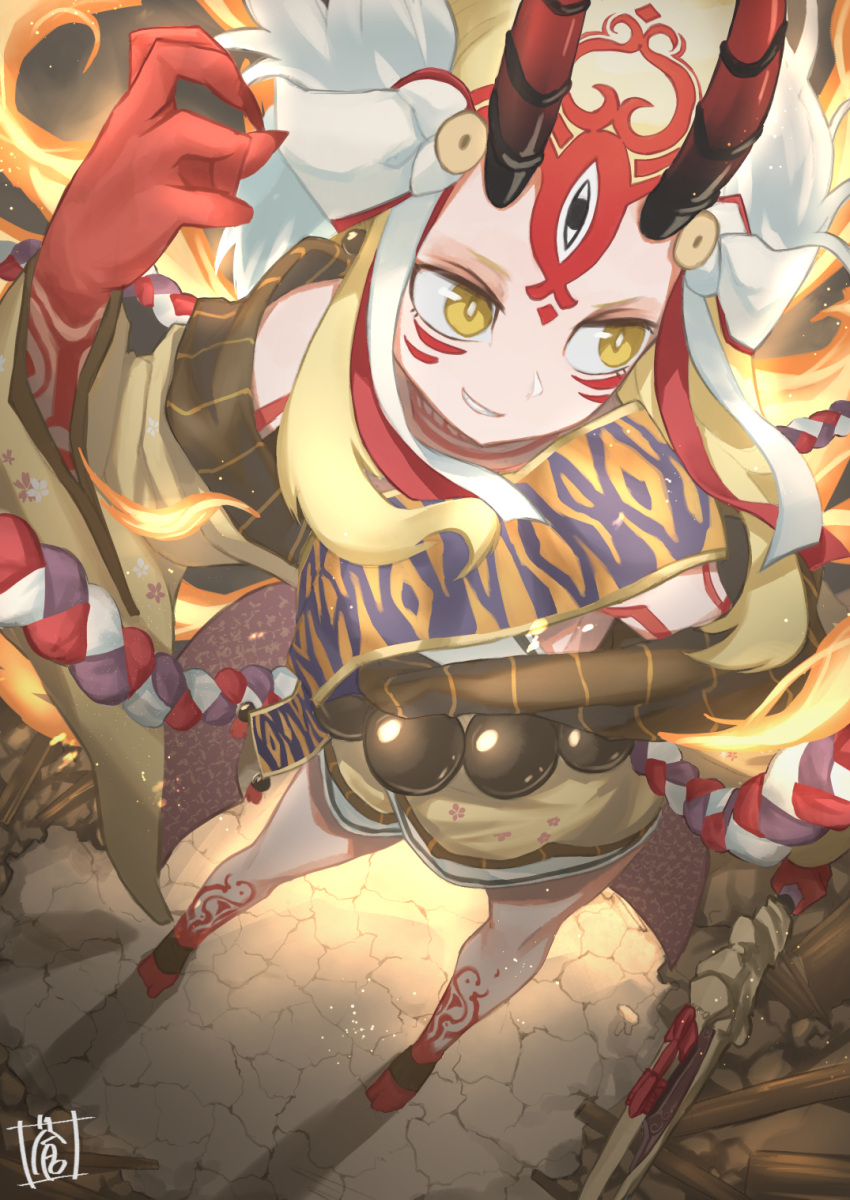 1girl arm_at_side beads blonde_hair bright_pupils demon_girl eyelashes facial_mark fate/grand_order fate_(series) fingernails fire floating_hair floral_print from_above hand_up highres holding holding_weapon ibaraki_douji_(fate/grand_order) japanese_clothes kimono legs_apart long_fingernails long_hair long_sleeves markings nail_polish official_art oni oni_horns prayer_beads red_nails rope shadow shimenawa short_kimono solo sou_(pale_1080) standing third_eye weapon white_pupils wide_sleeves yellow_eyes yellow_kimono
