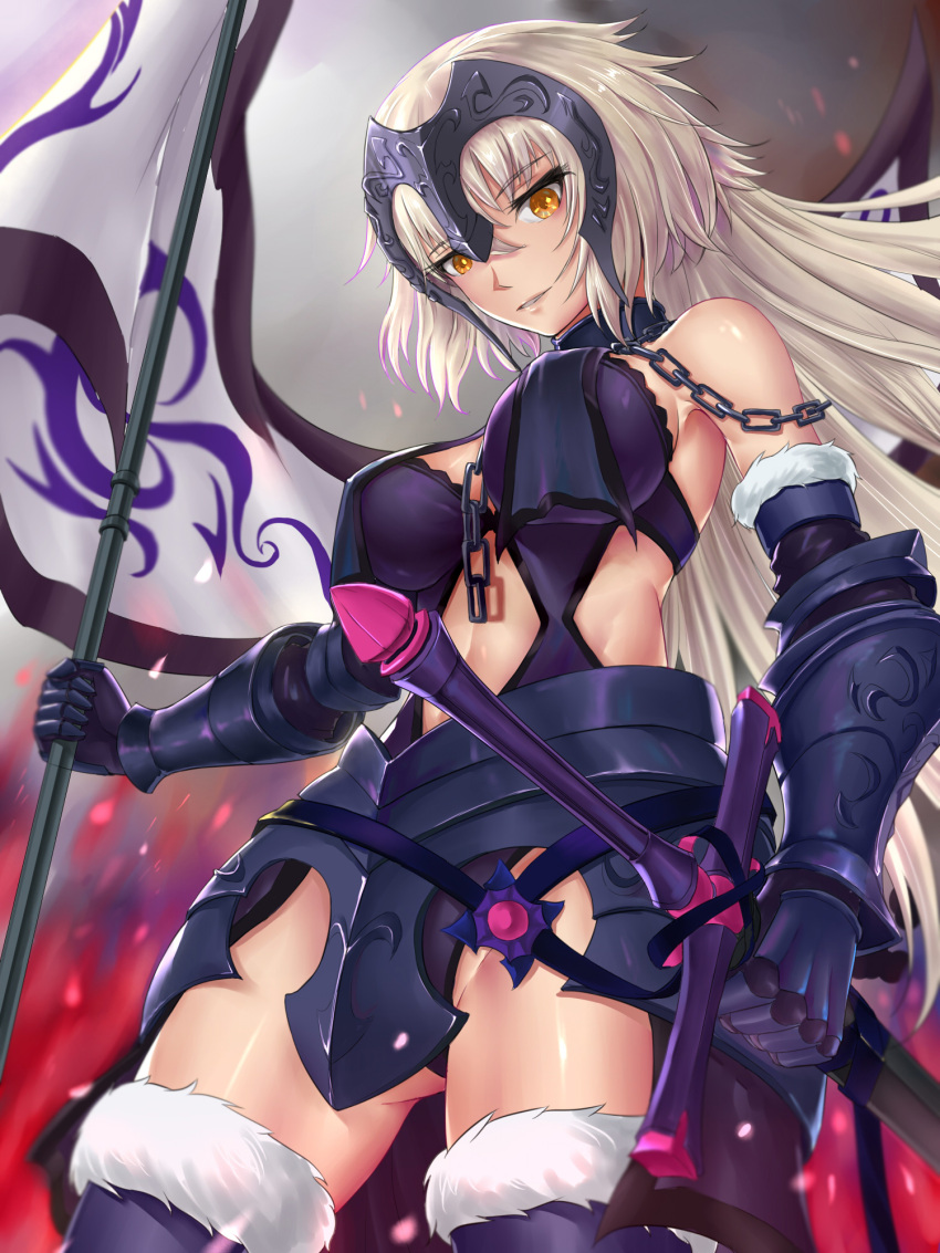 1girl armor armored_dress bare_shoulders boots breasts chains chitu_hefeng_zhong collar crotch_plate eyebrows_visible_through_hair fate/grand_order fate_(series) flag from_below fur_trim gauntlets headpiece highres holding holding_sword holding_weapon jeanne_d'arc_(alter)_(fate) jeanne_d'arc_(fate)_(all) large_breasts looking_down navel_cutout silver_hair sword thigh-highs thigh_boots thighs weapon yellow_eyes