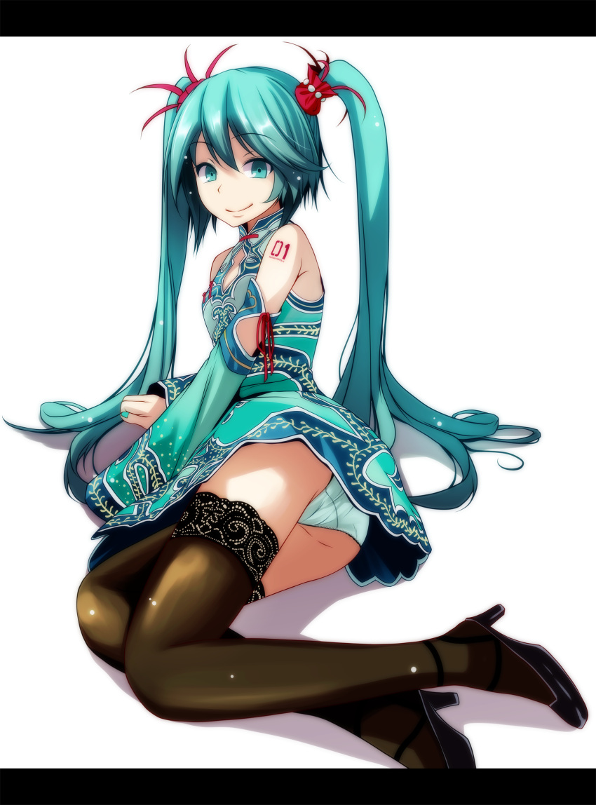 1girl bangs black_footwear blue_dress blue_eyes blue_hair blue_nails blue_panties brown_legwear cleavage_cutout detached_sleeves dress eyebrows_visible_through_hair feathers hair_between_eyes hair_feathers hair_ornament hatsune_miku high_heels highres long_hair nail_polish number panties pumps red_feathers short_dress simple_background sleeveless sleeveless_dress smile solo suigyoku_(module) tattoo thigh-highs tsukishiro_saika twintails underwear very_long_hair vocaloid white_background