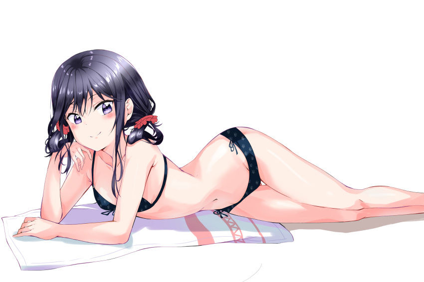 1girl adagaki_aki bikini black_bikini black_eyes black_hair feet_out_of_frame highres long_hair low_twintails lying masamune-kun_no_revenge navel on_side polka_dot polka_dot_bikini side-tie_bikini sim smile solo sunhyun swimsuit towel twintails white_background