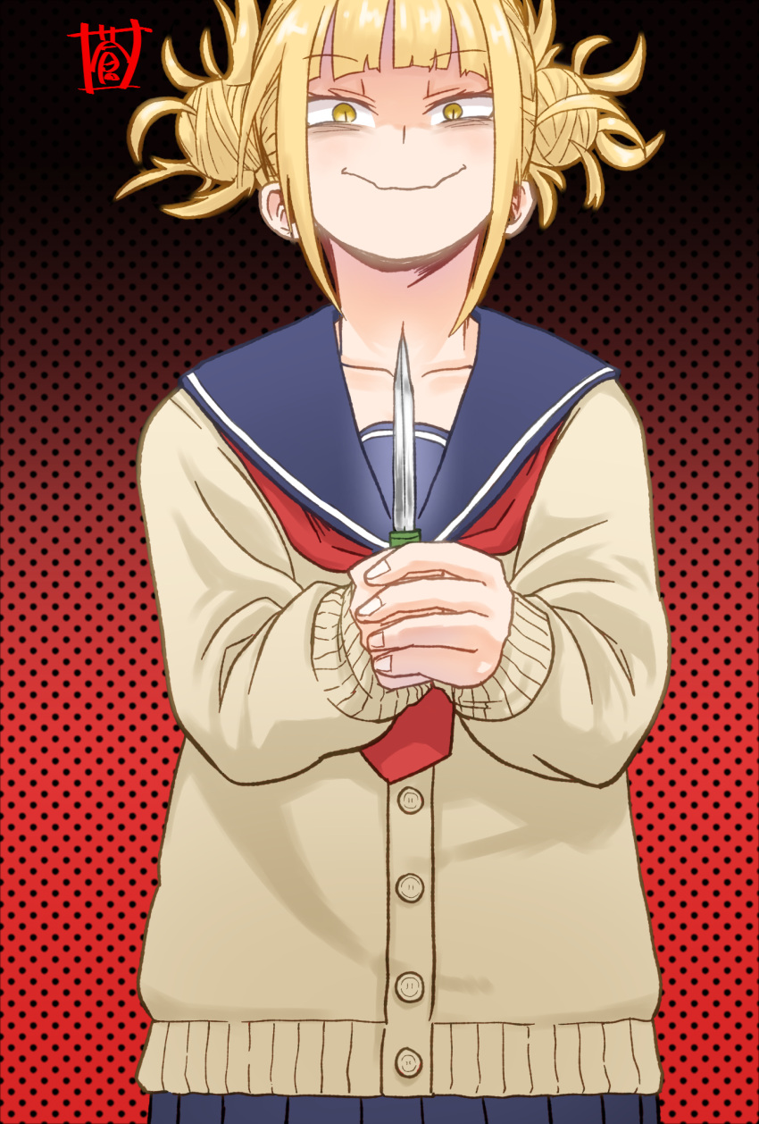 1girl bags_under_eyes bangs black_background blonde_hair blue_sailor_collar blunt_bangs boku_no_hero_academia buttons cardigan closed_mouth collarbone double_bun eyebrows eyebrows_visible_through_hair facing_viewer fingernails halftone halftone_background hands_together highres holding holding_knife knife long_sleeves looking_at_viewer messy_hair neckerchief official_style red_background red_neckwear sailor_collar school_uniform serafuku short_hair sidelocks smile solo sou_(pale_1080) toga_himiko two-tone_background wavy_mouth yellow_eyes