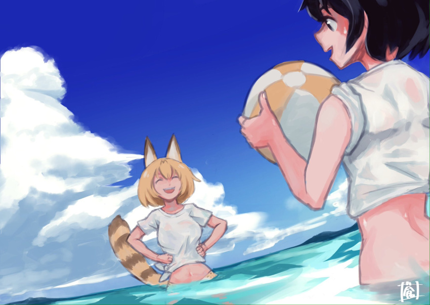 2girls :d ^_^ alternate_costume animal_ears ball bangs bare_arms bare_shoulders beachball black_eyes black_hair blonde_hair blue_sky bob_cut breasts closed_eyes clouds day fingernails hair_between_eyes hands_on_hips highres holding holding_ball kaban_(kemono_friends) kemono_friends medium_breasts multiple_girls navel ocean open_mouth outdoors partially_submerged serval_(kemono_friends) serval_ears serval_tail shirt short_hair short_sleeves sky sleeves_pushed_up smile sou_(pale_1080) stomach t-shirt tail tail_raised teeth tied_shirt wading water white_shirt