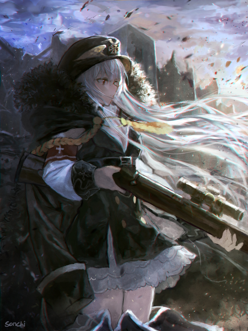 1girl aiguillette armband bangs black_footwear black_hat black_skirt blue_sky bolt_action boots breasts cityscape cleavage clouds day dress dust eyebrows_visible_through_hair floating_hair fur_trim girls_frontline gun hair_between_eyes hat highres iron_cross jacket_on_shoulders kar98k_(girls_frontline) lace lace-trimmed_dress light_particles long_hair mauser_98 medium_breasts outdoors peaked_cap red_eyes rifle signature skirt sky solo sonchi thigh-highs thigh_boots thighs very_long_hair weapon white_dress white_hair wind wind_lift