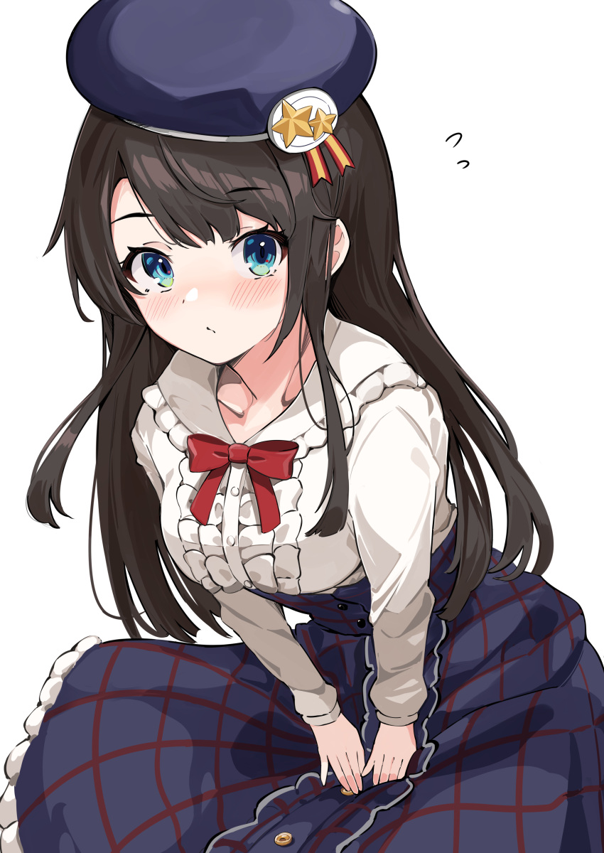 1girl absurdres anbasa_(amaneyuz13) beret black_hair blue_eyes blush bow bowtie collarbone eyebrows_visible_through_hair frilled_skirt frills hat highres hololive long_hair long_sleeves looking_at_viewer official_art oozora_subaru plaid plaid_skirt purple_skirt red_bow simple_background skirt solo virtual_youtuber white_background