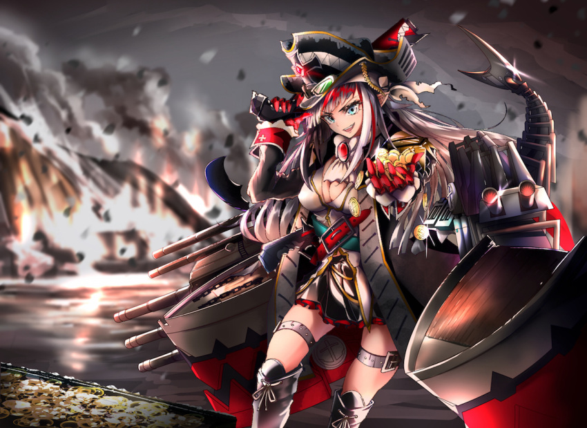 1girl alternate_breast_size aqua_eyes azur_lane belt black_hair blurry blurry_background boots bow breasts cleavage coin deutschland_(azur_lane) gauntlets goggles goggles_on_headwear greatcoat gun handgun hat holding holding_weapon knee_boots long_sleeves looking_at_viewer machinery medium_breasts military military_uniform multicolored_hair naka_(nakamaru_ak) ocean pistol redhead scarf scarf_bow ship shipwreck sinking smile solo standing streaked_hair thigh_strap uniform watercraft weapon