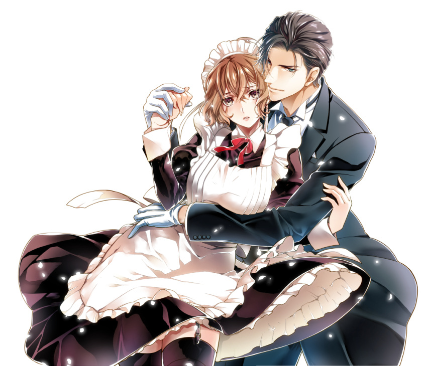 1boy 1girl apron ashika_nozomu black_hair bow bowtie brown_hair cowboy_shot dress formal frilled_apron frilled_dress frills garter_straps gloves hand_holding hetero hug hug_from_behind looking_at_viewer maid maid_headdress necktie original parted_lips petals puffy_sleeves short_hair simple_background suit thigh-highs