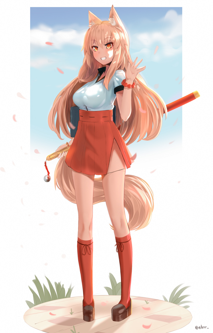 1girl animal_ears bangs blonde_hair blue_sky blush breasts commission ehrrr fate/extra_ccc_fox_tail fate/grand_order fate_(series) fox_ears fox_tail grin high-waist_skirt highres kneehighs large_breasts long_hair looking_at_viewer medium_skirt red_legwear red_scrunchie red_skirt scrunchie shoes skirt sky smile solo standing suzuka_gozen_(fate) tail teeth twitter_username wrist_scrunchie yellow_eyes