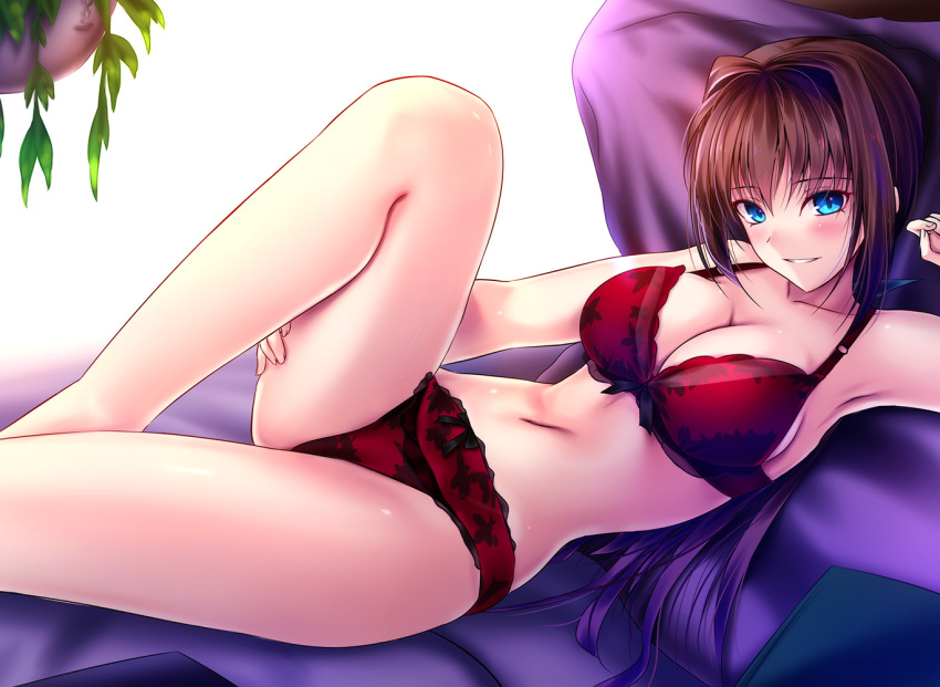 1girl akeyama_kitsune aozaki_aoko bed blue_eyes bra brown_hair commentary_request feet_out_of_frame frilled_bra frilled_panties frills hair_intakes long_hair looking_at_viewer lying mahou_tsukai_no_yoru panties parted_lips red_bra red_panties slit_pupils solo tsukihime underwear