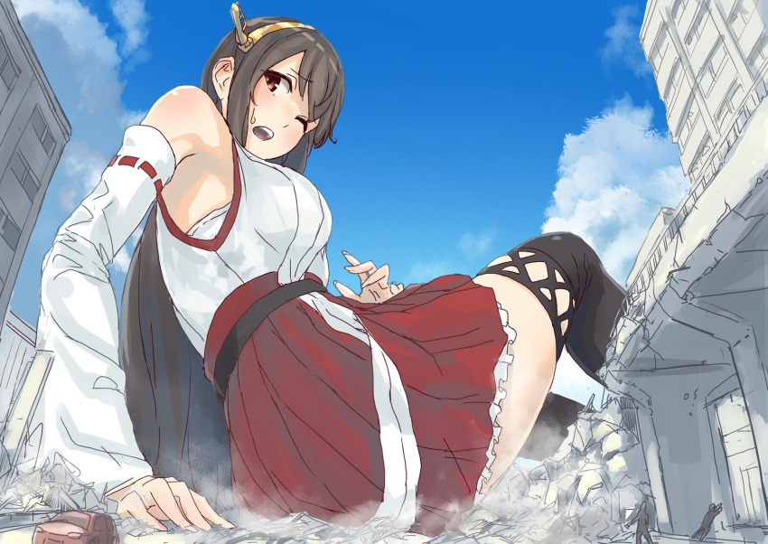 1girl arm_support bare_shoulders black_hair black_legwear blush breasts car city day destruction detached_sleeves embarrassed from_below from_side giantess ground_vehicle haruna_(kantai_collection) headgear highres kantai_collection large_breasts long_hair motor_vehicle nontraditional_miko one_eye_closed pleated_skirt red_skirt remodel_(kantai_collection) size_difference skirt sky solo sweatdrop thigh-highs uru_(uru0000) wide_sleeves
