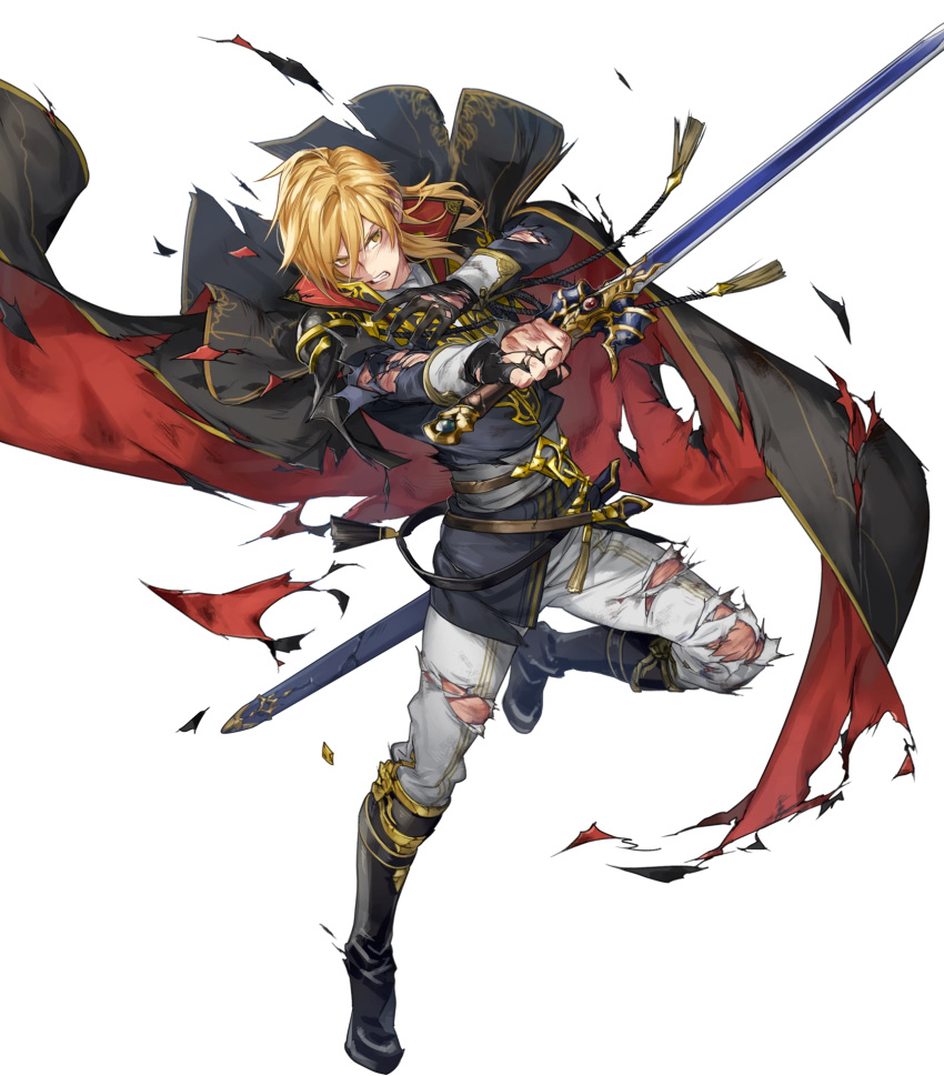 1boy aless_(fire_emblem) angry attack bared_teeth black_cape black_capelet black_coat black_footwear blonde_hair boots bruise cape capelet clenched_teeth coat collar cravat cuts damaged fire_emblem fire_emblem:_seisen_no_keifu fire_emblem_heroes highres holding holding_sword holding_weapon injury lips looking_to_the_side male_focus medium_hair mystletainn official_art p-nekor pants scowl serious sheath shoulder_pads sidelocks solo sword teeth torn_cape torn_capelet torn_clothes torn_coat torn_pants weapon white_pants yellow_eyes