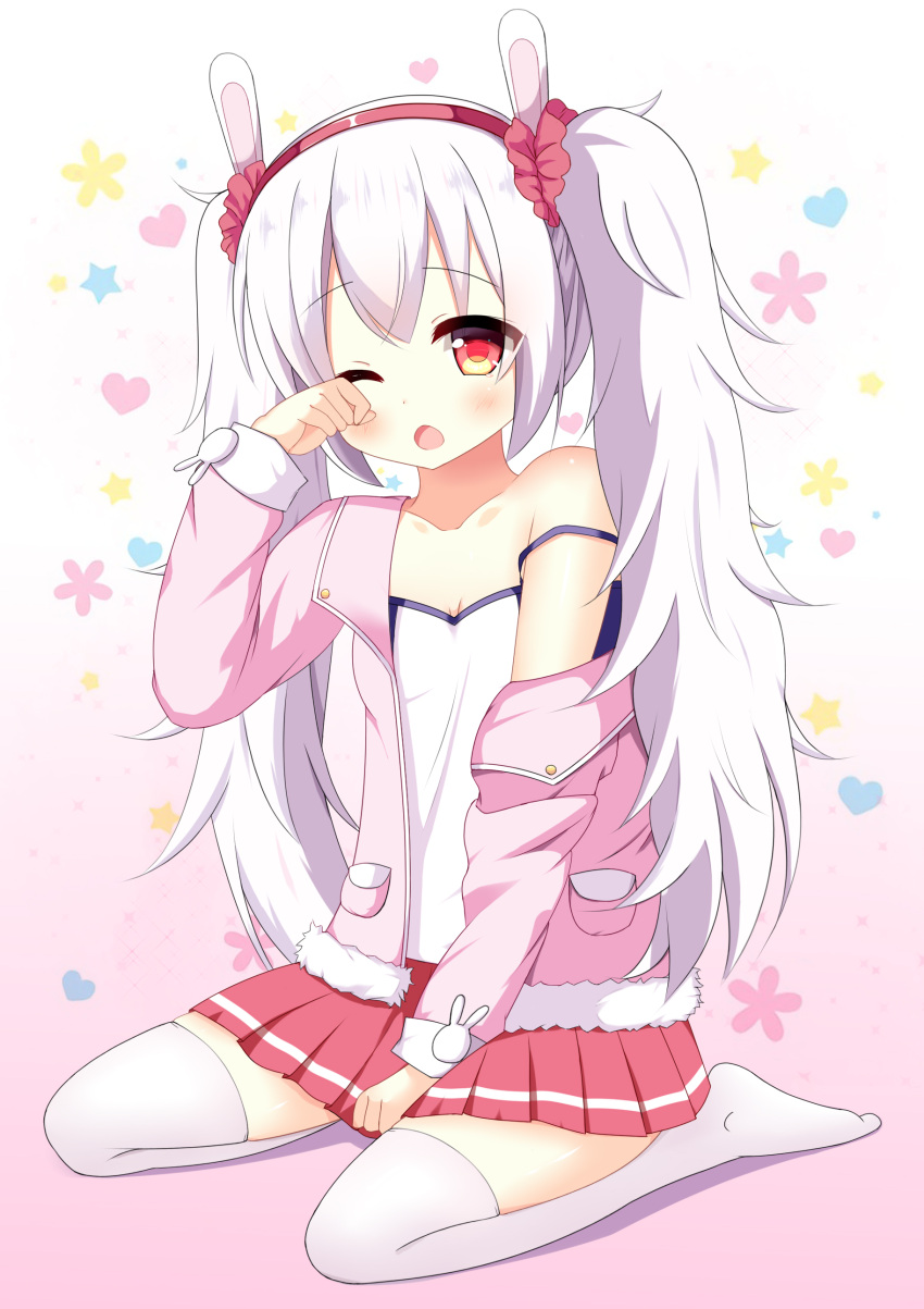 1girl ;o absurdres animal_ears arm_up azur_lane bangs bare_shoulders blush breasts camisole cleavage collarbone commentary_request eyebrows_visible_through_hair full_body gradient gradient_background hair_between_eyes hairband heart highres jacket laffey_(azur_lane) long_hair long_sleeves looking_at_viewer no_shoes off_shoulder one_eye_closed open_mouth pink_background pink_jacket pleated_skirt rabbit_ears red_eyes red_hairband red_skirt rubbing_eyes seiza silver_hair sitting skirt small_breasts solo star strap_slip tears thigh-highs twintails very_long_hair white_background white_camisole white_legwear xiaosamiao