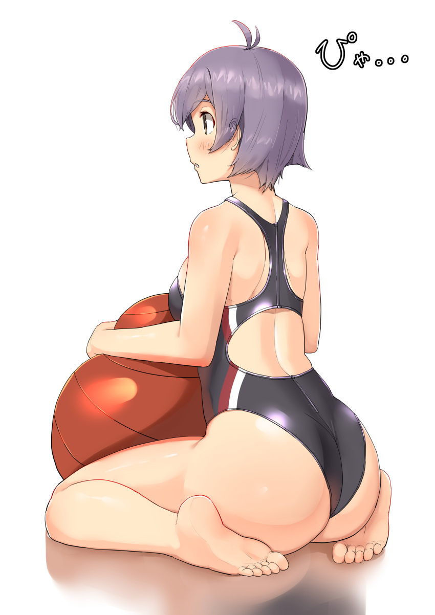 1girl absurdres antenna_hair ass ball barefoot black_swimsuit commentary_request competition_swimsuit exercise_ball feet highres kantai_collection one-piece_swimsuit purple_hair reflection sakawa_(kantai_collection) short_hair simple_background sitting soles solo soushou_nin swimsuit toes violet_eyes wariza white_background