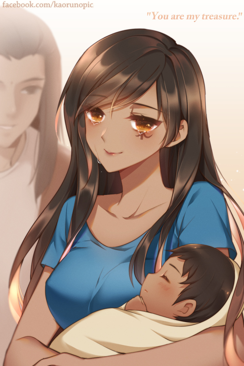 1boy 2girls ana_(overwatch) atobesakunolove baby bangs black_hair blue_shirt blurry breasts brown_eyes closed_eyes closed_mouth collarbone commentary cradling dark_skin english_commentary eye_of_horus eyebrows_visible_through_hair facebook_username facial_tattoo family grin hair_between_eyes happy highres husband_and_wife long_hair looking_at_viewer medium_breasts multiple_girls overwatch pharah_(overwatch) sam_(overwatch) shiny shiny_hair shirt short_sleeves smile swept_bangs tattoo tears upper_body vest watermark web_address white_vest younger