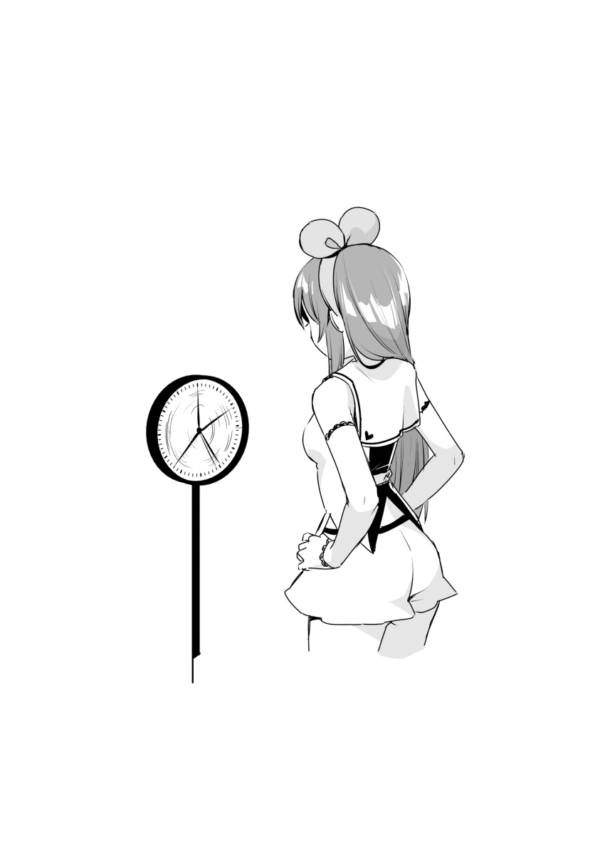 1girl a.i._channel afterimage bangs breasts cropped_legs detached_sleeves facing_away greyscale hair_ribbon hairband hands_on_hips highres kizuna_ai kurihara_sakura long_hair long_sleeves monochrome ribbon shirt short_shorts shorts simple_background sleeveless sleeveless_shirt small_breasts solo very_long_hair virtual_youtuber weighing_scale white_background