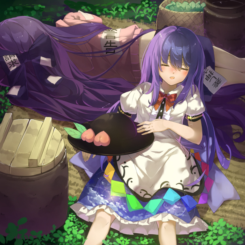 2girls basket blue_hair blush bow clover day debt dress food from_behind fruit glint gradient_hair grass hair_between_eyes hair_bow hat hat_removed headwear_removed highres hinanawi_tenshi layered_dress leaf lid long_hair lying lying_on_another multicolored_hair multiple_girls on_ground on_side outdoors peach pink_hoodie piyodesu puffy_short_sleeves puffy_sleeves reclining short_sleeves shorts sleeping touhou very_long_hair yorigami_shion