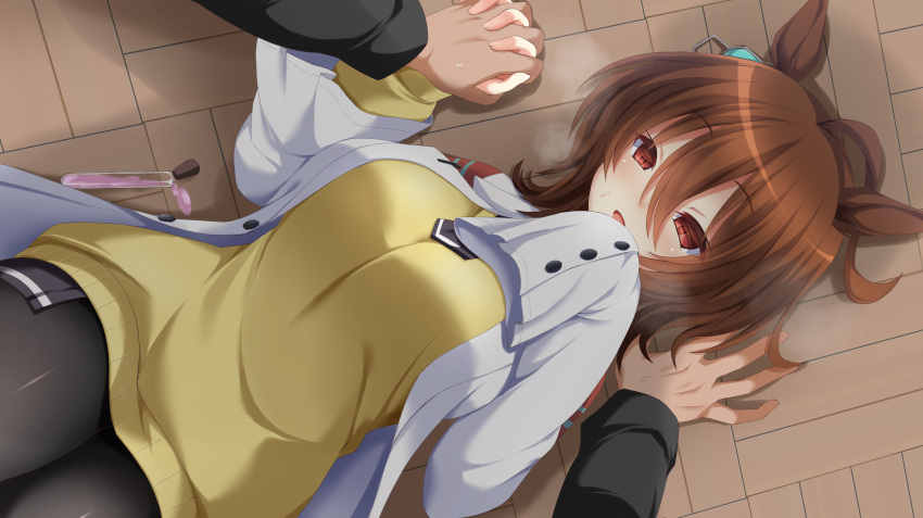 1boy 1girl absurdres agnes_tachyon_(umamusume) animal_ears black_legwear blush breasts brown_hair coat commentary_request dutch_angle hair_ornament highres holding_hands horse_ears horse_girl labcoat large_breasts lucky_pervert lying on_back on_floor open_mouth pantyhose pov pov_hands red_eyes ryochapu short_hair sleeves_past_wrists spilling straddling sweater test_tube umamusume white_coat yellow_sweater