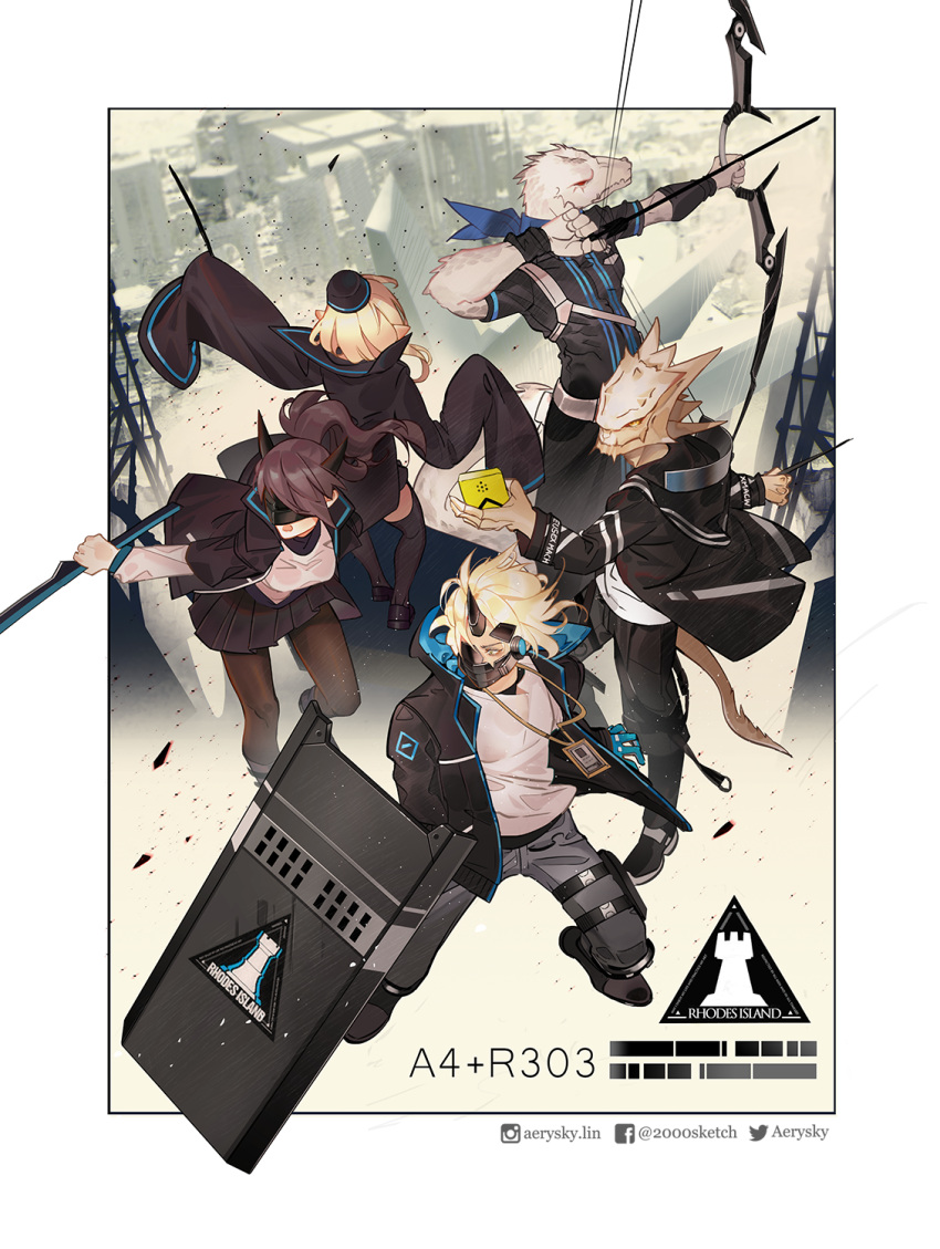 12f_(arknights) 2girls 3boys :o aerysky arknights arrow_(projectile) back black_footwear black_jacket black_pants black_skirt blonde_hair border bow_(weapon) brown_hair closed_mouth durin_(arknights) from_above full_body highres holding holding_arrow holding_bow_(weapon) holding_shield holding_sword holding_wand holding_weapon horns id_card jacket leggings lizardman long_hair long_sleeves mask multiple_boys multiple_girls noir_corne_(arknights) open_mouth outside_border pants pointy_ears rangers_(arknights) shield shirt shoes short_sleeves single_horn skirt sneakers sword wand weapon white_shirt yato_(arknights)
