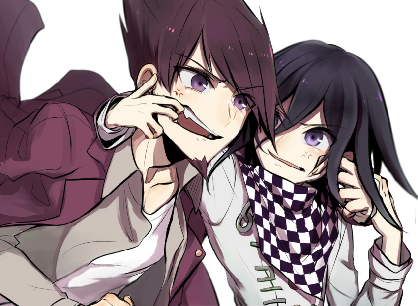 2boys anger_vein bangs black_hair checkered checkered_neckwear checkered_scarf collarbone commentary_request dangan_ronpa_(series) dangan_ronpa_v3:_killing_harmony facial_hair fangs finger_in_another's_mouth grey_jacket grey_shirt hair_between_eyes hand_on_another's_face jacket kitsunebi_v3kokonn long_sleeves looking_at_another male_focus momota_kaito multiple_boys open_clothes open_mouth open_shirt ouma_kokichi pink_jacket scarf shiny shiny_hair shirt short_hair simple_background teeth upper_body violet_eyes