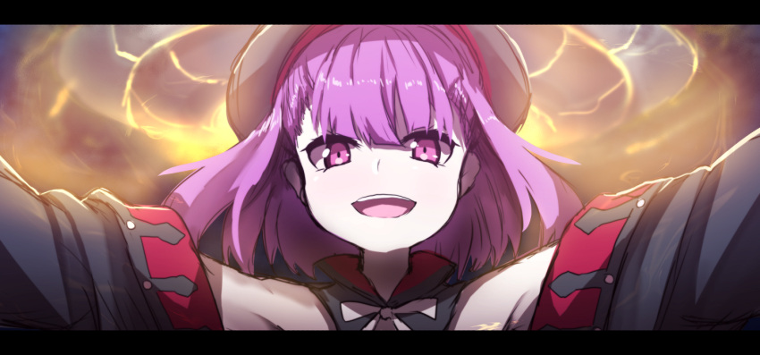 1girl :d bangs bare_shoulders beret black_hat blush eyebrows_visible_through_hair fate/grand_order fate_(series) hair_between_eyes hat helena_blavatsky_(fate/grand_order) long_hair open_mouth outstretched_arms purple_hair short_hair smile solo spread_arms upper_teeth violet_eyes wada_kazu