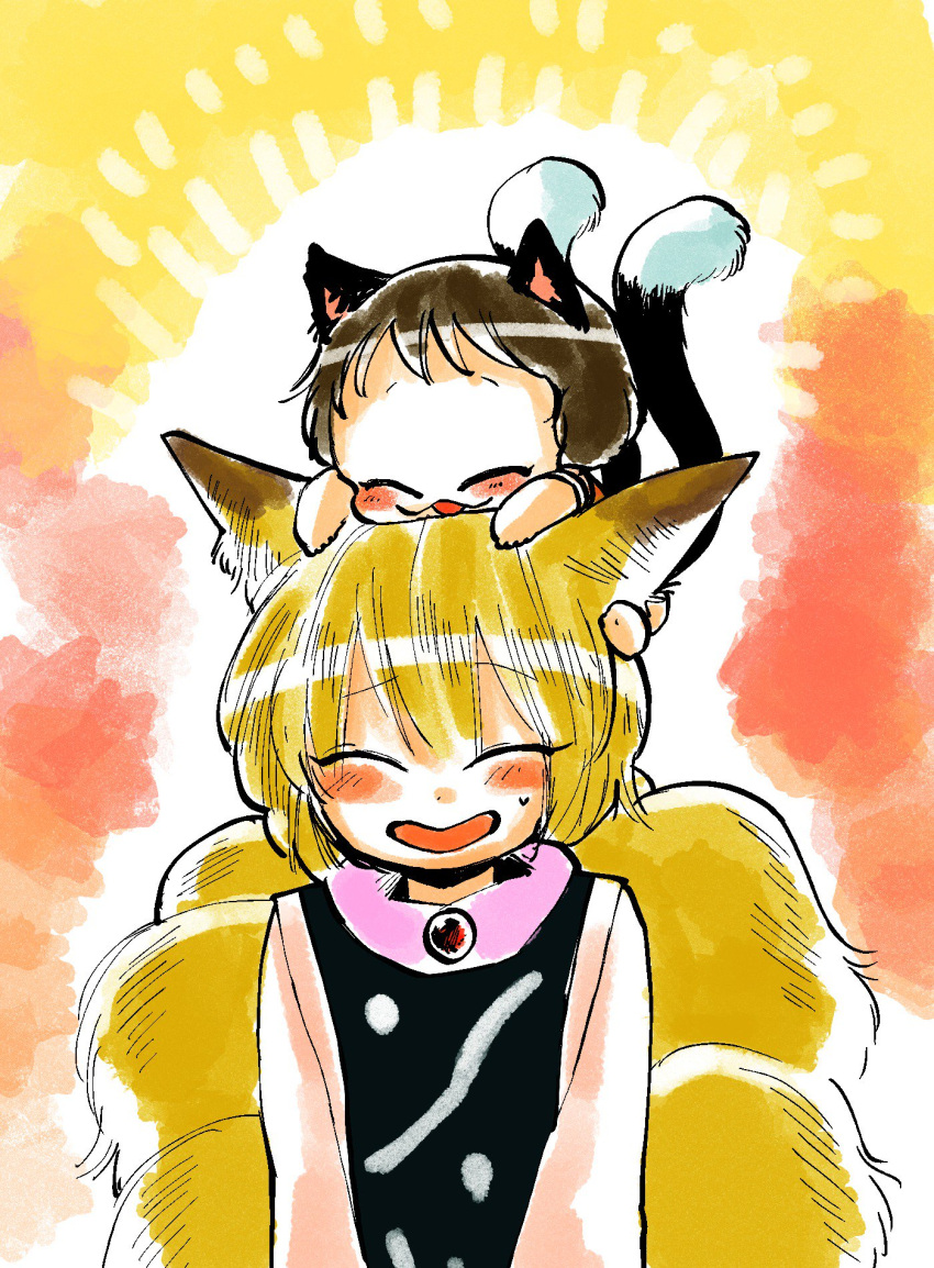 2girls animal_ears blonde_hair blush brown_hair cat_ears cat_tail chen closed_eyes commentary_request eyebrows_visible_through_hair fox_ears fox_tail highres komaku_juushoku long_sleeves multiple_girls multiple_tails on_head short_hair smile sweatdrop tail touhou yakumo_ran younger