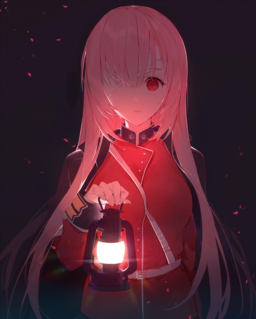 1girl absurdres bandage_over_one_eye bangs black_cape breasts cape commentary_request dress eyebrows_visible_through_hair fate/grand_order fate_(series) florence_nightingale_(fate/grand_order) gloves hair_between_eyes highres holding holding_lantern lantern long_hair long_sleeves looking_at_viewer miyuki_(miyuki0529) parted_lips petals pink_hair red_dress red_eyes sidelocks small_breasts solo very_long_hair white_gloves