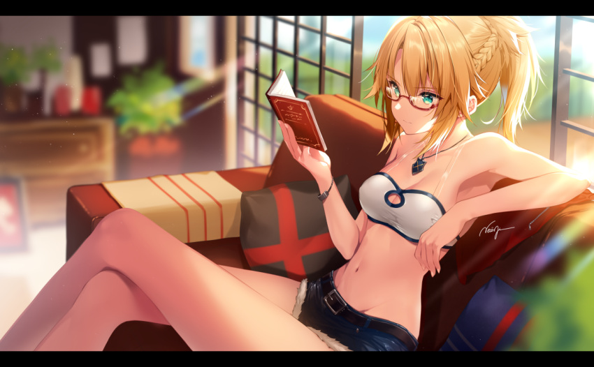 1girl belt blonde_hair book breasts closed_mouth couch denim denim_shorts fate/apocrypha fate_(series) glasses green_eyes indoors jewelry legs_crossed letterboxed medium_breasts midriff mordred_(fate) mordred_(fate)_(all) navel necomi pendant pillow reading red-framed_eyewear semi-rimless_eyewear short_hair shorts signature sitting solo sunlight under-rim_eyewear window