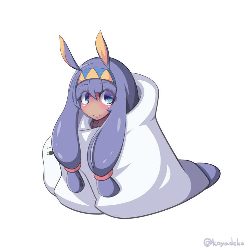 1girl animal_ears artist_name blue_eyes blush chibi closed_mouth dark_skin eyebrows_visible_through_hair fate/grand_order fate_(series) hairband highres jackal_ears koyade long_hair looking_at_viewer medjed nitocris_(fate/grand_order) purple_hair simple_background smile twitter_username white_background