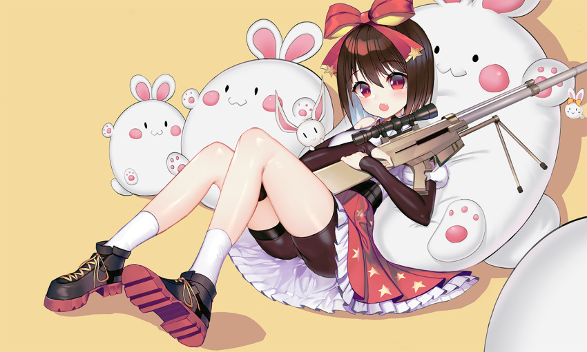 1girl bangs barrett_m99 bike_shorts bow brown_hair detached_sleeves eyebrows_visible_through_hair girls_frontline hair_bow holding holding_weapon looking_at_viewer m99_(girls_frontline) open_mouth rabbit red_bow short_hair shorts_under_skirt sitting socks solo tttanggvl weapon white_legwear yellow_background