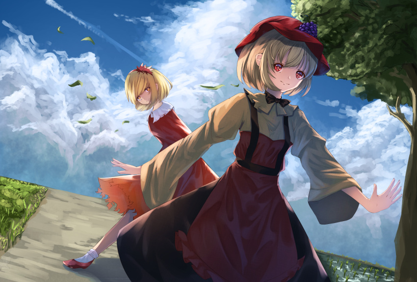 2girls aki_minoriko aki_shizuha apron bangs black_skirt blonde_hair blouse blue_sky cacao_devil clouds condensation_trail cowboy_shot day dress dutch_angle food fruit grapes hair_between_eyes hair_ornament hat highres juliet_sleeves leaf_hair_ornament leaning_forward long_sleeves looking_at_viewer mob_cap multiple_girls neck_ribbon open_hands outdoors outstretched_arms outstretched_leg puffy_sleeves red_dress red_eyes red_footwear ribbon rice_paddy road short_hair siblings sisters skirt sky smile socks swept_bangs touhou tree white_legwear yellow_blouse