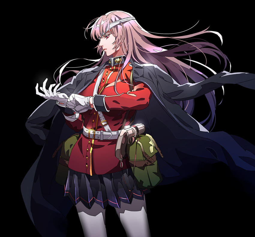 1girl adjusting_clothes adjusting_gloves bag bandage_over_one_eye black_background black_jacket blue_skirt closed cowboy_shot fate/grand_order fate_(series) florence_nightingale_(fate/grand_order) gloves gun highres holstered_weapon jacket jacket_on_shoulders long_hair military military_jacket military_uniform mouth pink_hair pleated_skirt red_jacket skirt solo tenobe uniform very_long_hair weapon white_belt white_gloves white_legwear