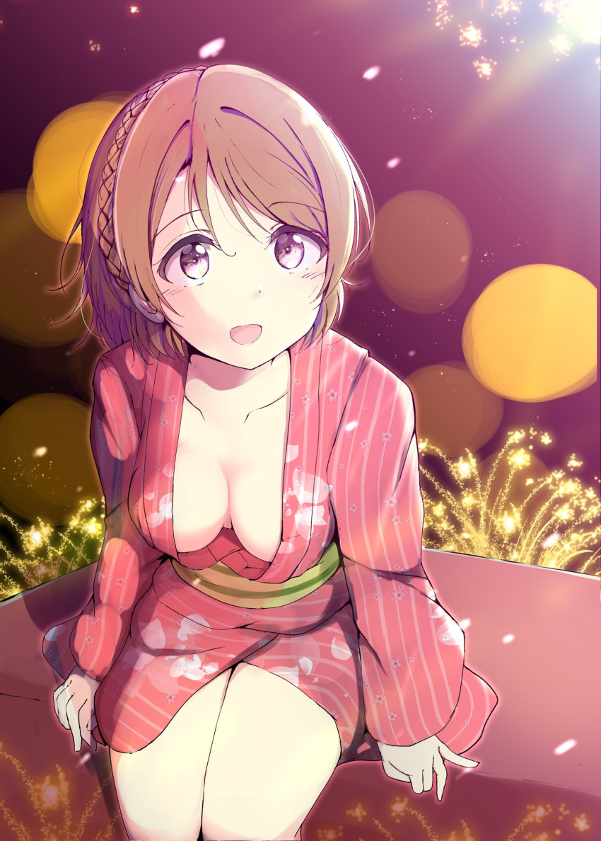 1girl :d ankoiri blurry bokeh breasts brown_hair cleavage collarbone commentary_request crown depth_of_field fireworks highres japanese_clothes kimono koizumi_hanayo long_sleeves love_live! love_live!_school_idol_project medium_breasts night obi open_mouth outdoors sash short_hair sitting smile solo striped striped_kimono violet_eyes
