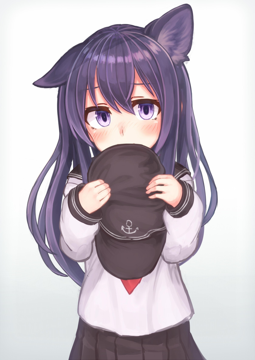 1girl akatsuki_(kantai_collection) anchor_symbol animal_ears black_hat black_sailor_collar black_skirt flat_cap hair_between_eyes hat hat_removed headwear_removed highres holding holding_hat kantai_collection long_hair long_sleeves pleated_skirt purple_hair red_neckwear reitou_mikan sailor_collar school_uniform serafuku skirt solo violet_eyes