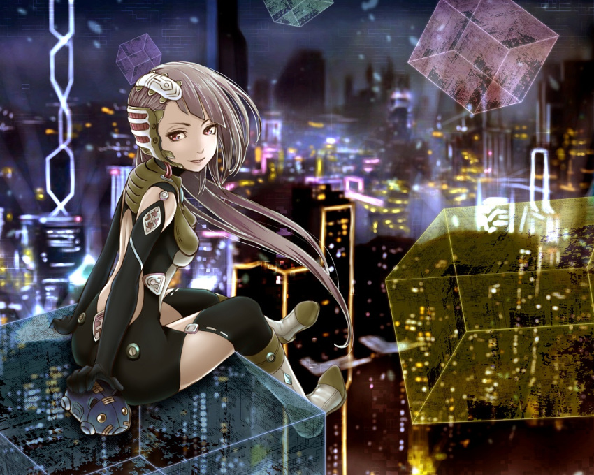 1girl black_gloves black_legwear blurry blurry_background boots breasts cub elbow_gloves full_body gloves hairband long_hair looking_at_viewer looking_back medium_breasts night original photo_background ponytail robot robot_animal sitting skyline smile solo totoki10