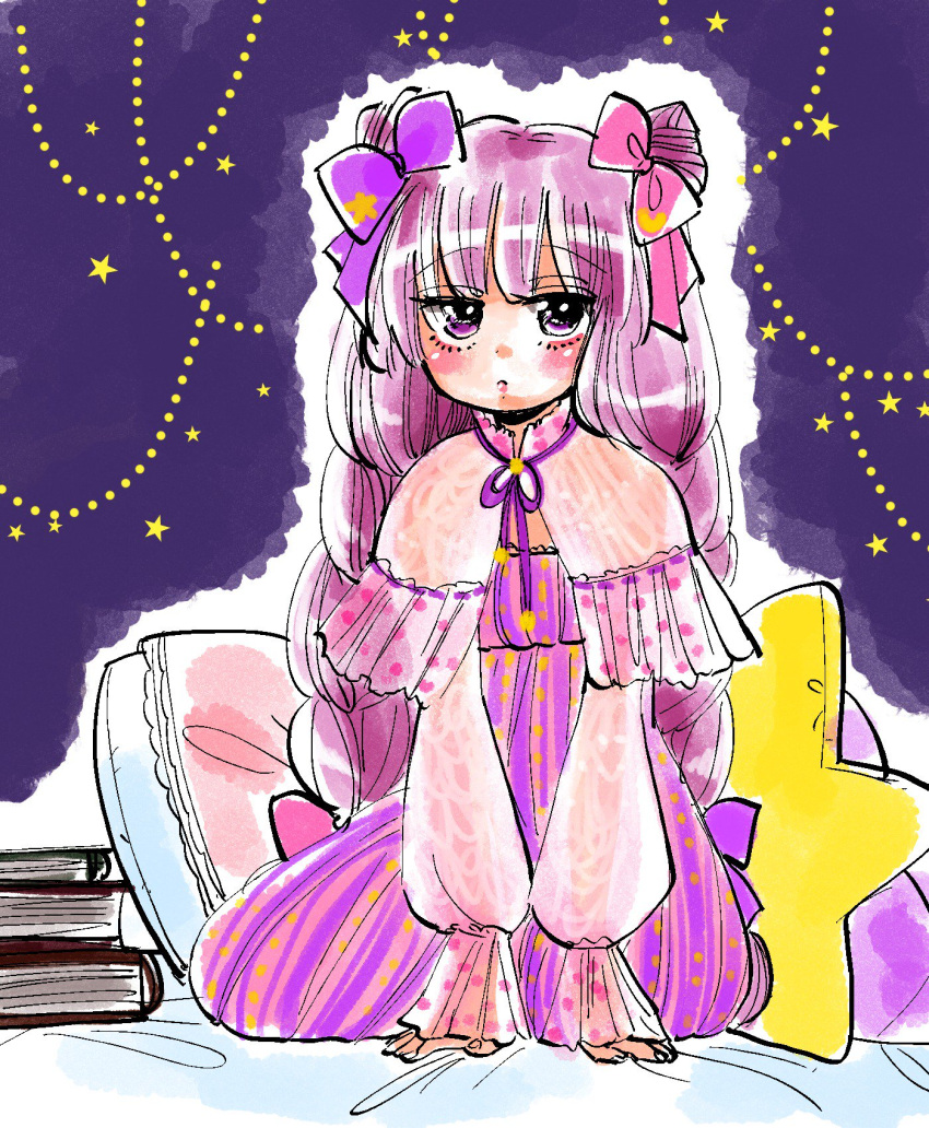 1girl book book_stack bow braid commentary_request dress eyebrows_visible_through_hair hair_bow hair_ribbon hands_on_floor highres komaku_juushoku long_hair long_sleeves looking_at_viewer patchouli_knowledge pillow polka_dot purple_hair ribbon sitting solo star starry_background striped striped_dress touhou twin_braids violet_eyes yokozuwari