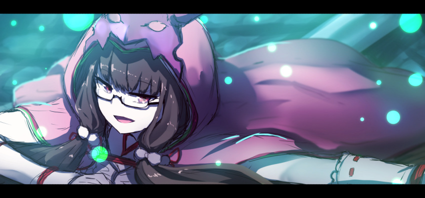 1girl :d black-framed_eyewear brown_hair cloak fate/grand_order fate_(series) glasses glowing hair_bobbles hair_ornament hood hood_up hooded_cloak japanese_clothes kimono long_hair looking_at_viewer low_twintails open_mouth osakabe-hime_(fate/grand_order) pink_cloak red_eyes semi-rimless_eyewear smile solo twintails under-rim_eyewear wada_kazu white_kimono