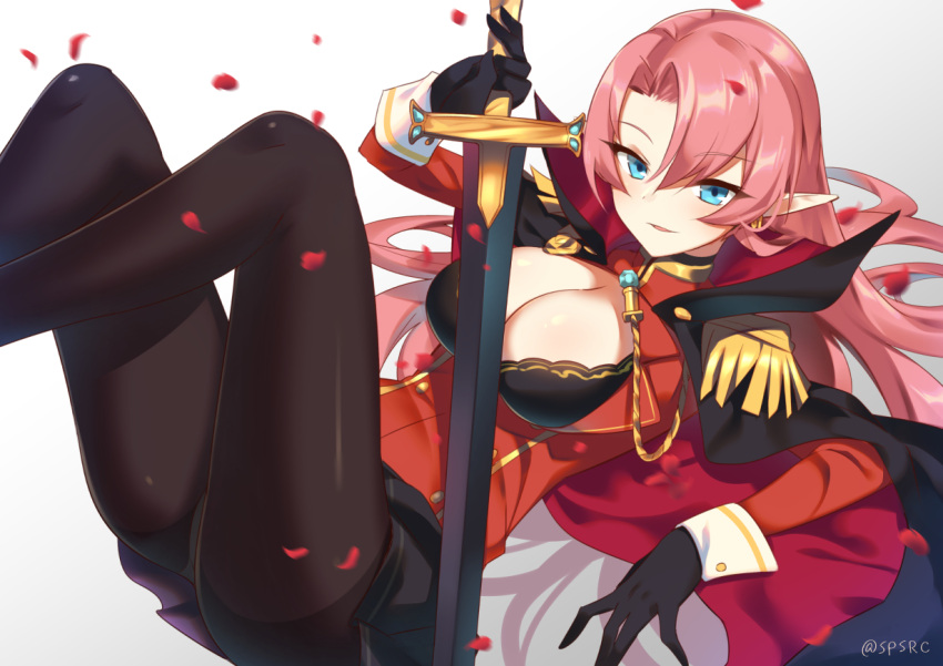 1girl azur_lane bangs black_cape black_skirt blue_eyes blurry blurry_foreground blush breasts brown_gloves brown_legwear cape character_request cleavage depth_of_field duke_of_york_(azur_lane) earrings epaulettes feet_out_of_frame gloves gradient gradient_background grey_background hair_spread_out holding holding_sword holding_weapon jacket jewelry large_breasts long_hair long_sleeves looking_at_viewer lying military military_uniform multicolored multicolored_cape multicolored_clothes on_back pantyhose parted_bangs petals pink_hair pointy_ears red_cape red_jacket rose_petals skirt smile solo sword takashiru thighband_pantyhose twitter_username uniform weapon