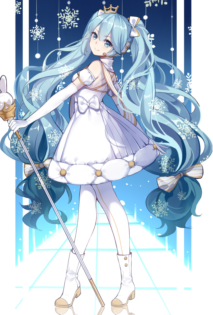 1girl absurdres boots chuor_(chuochuoi) dress elbow_gloves from_side gloves hatsune_miku headset high_heels highres long_hair scepter smile snowflakes solo twintails very_long_hair vocaloid white_dress white_gloves