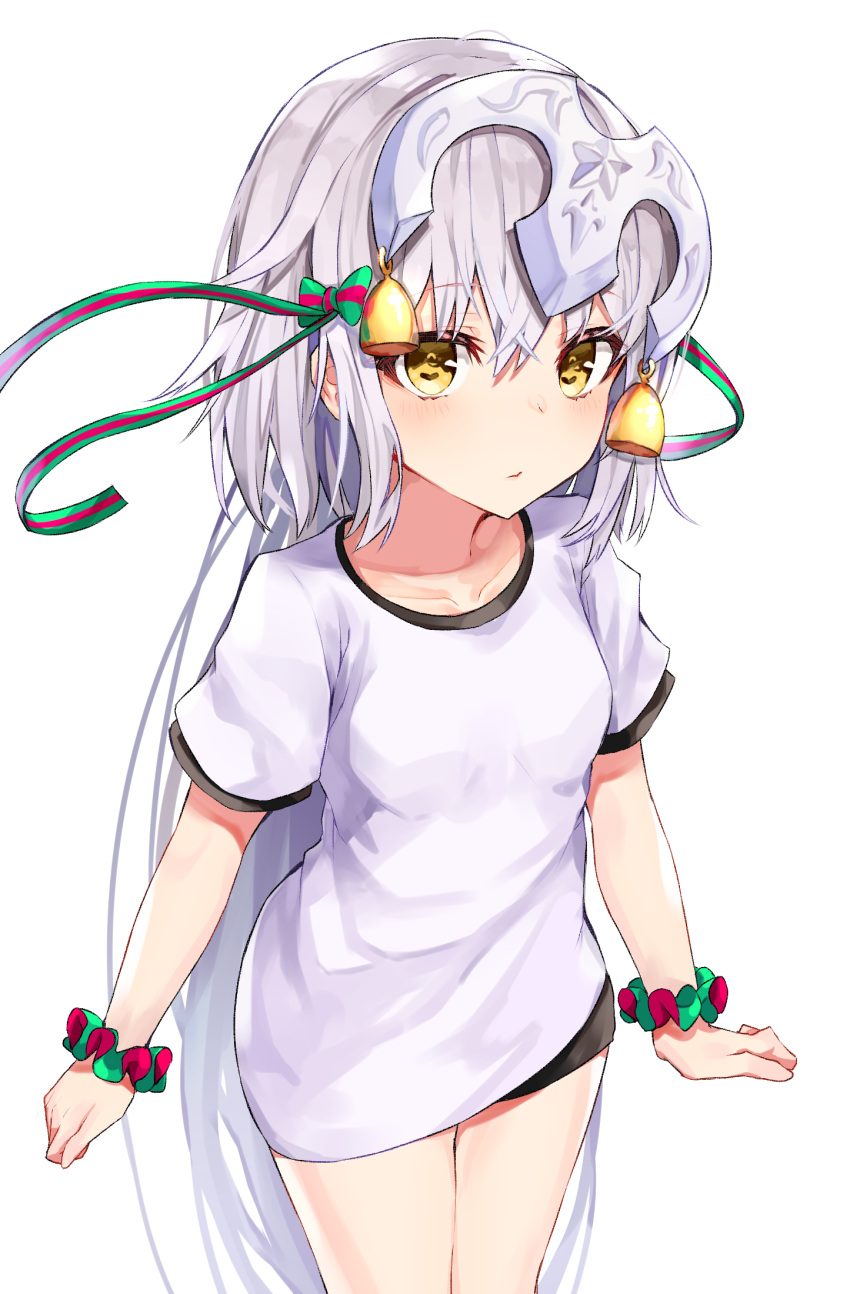 1girl bangs bell black_cola black_shorts blush bow closed_mouth commentary_request eyebrows_visible_through_hair fate/grand_order fate_(series) green_bow green_ribbon gym_shirt gym_shorts gym_uniform hair_between_eyes hair_bow headpiece highres jeanne_d'arc_(fate)_(all) jeanne_d'arc_alter_santa_lily long_hair ribbon scrunchie shirt short_shorts short_sleeves shorts sidelocks silver_hair simple_background solo striped striped_bow striped_ribbon very_long_hair white_background white_shirt wrist_scrunchie yellow_eyes
