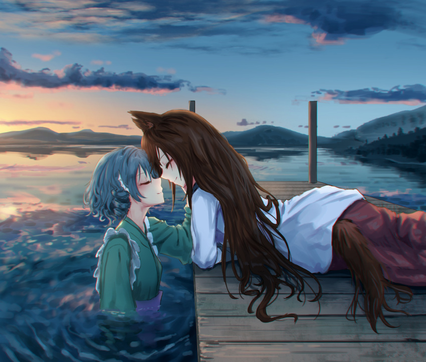 2girls animal_ears arm_at_side arm_support blue_hair brown_hair closed_eyes closed_mouth commentary_request drill_hair face-to-face green_kimono hand_on_another's_cheek hand_on_another's_face hand_up happy head_fins imaizumi_kagerou japanese_clothes kimono lake long_hair long_skirt long_sleeves lying mermaid monster_girl multiple_girls noses_touching obi outdoors partially_submerged roke_(taikodon) sash shirt short_hair skirt smile tail touhou twilight twisted_torso wakasagihime water wolf_ears wolf_tail