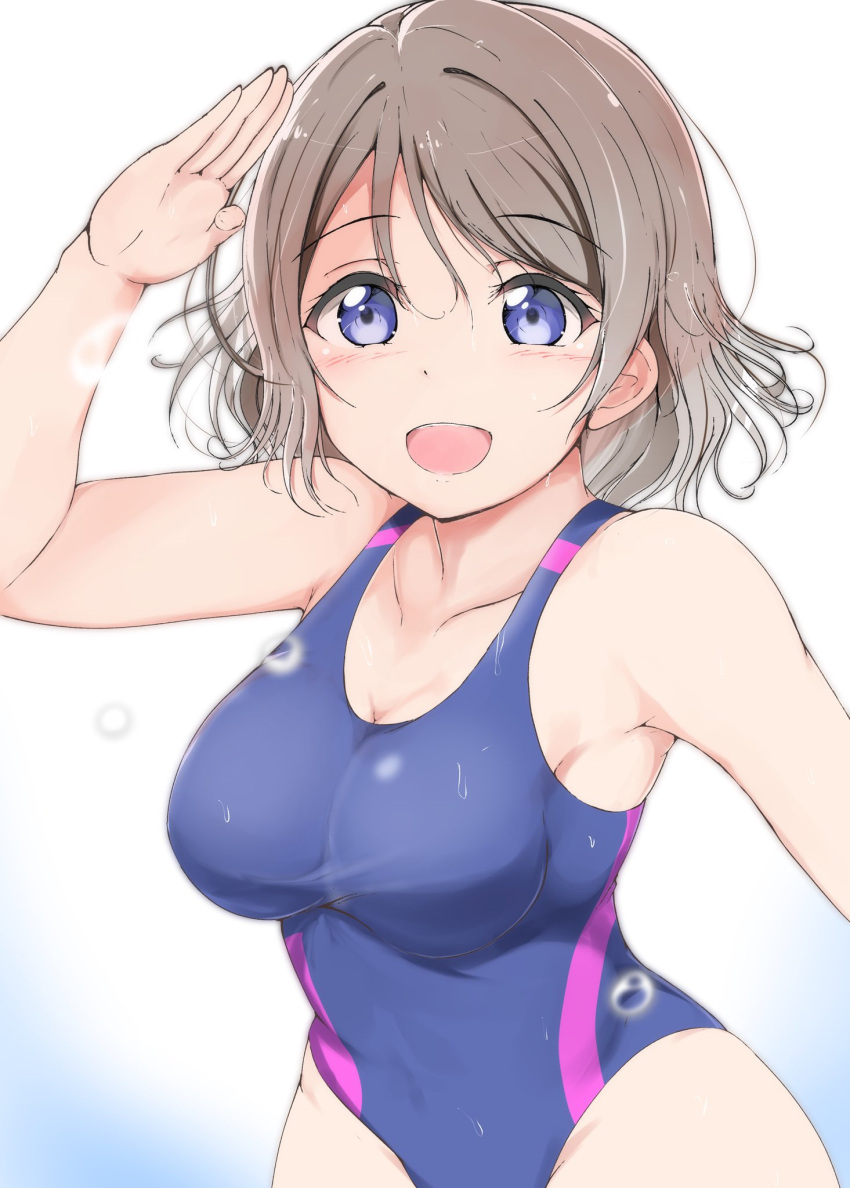 1girl :d ankoiri blue_eyes blue_swimsuit breasts bubble cleavage collarbone eyebrows_visible_through_hair grey_hair highres looking_at_viewer love_live! love_live!_sunshine!! medium_breasts one-piece_swimsuit open_mouth salute short_hair smile solo swimsuit watanabe_you white_background